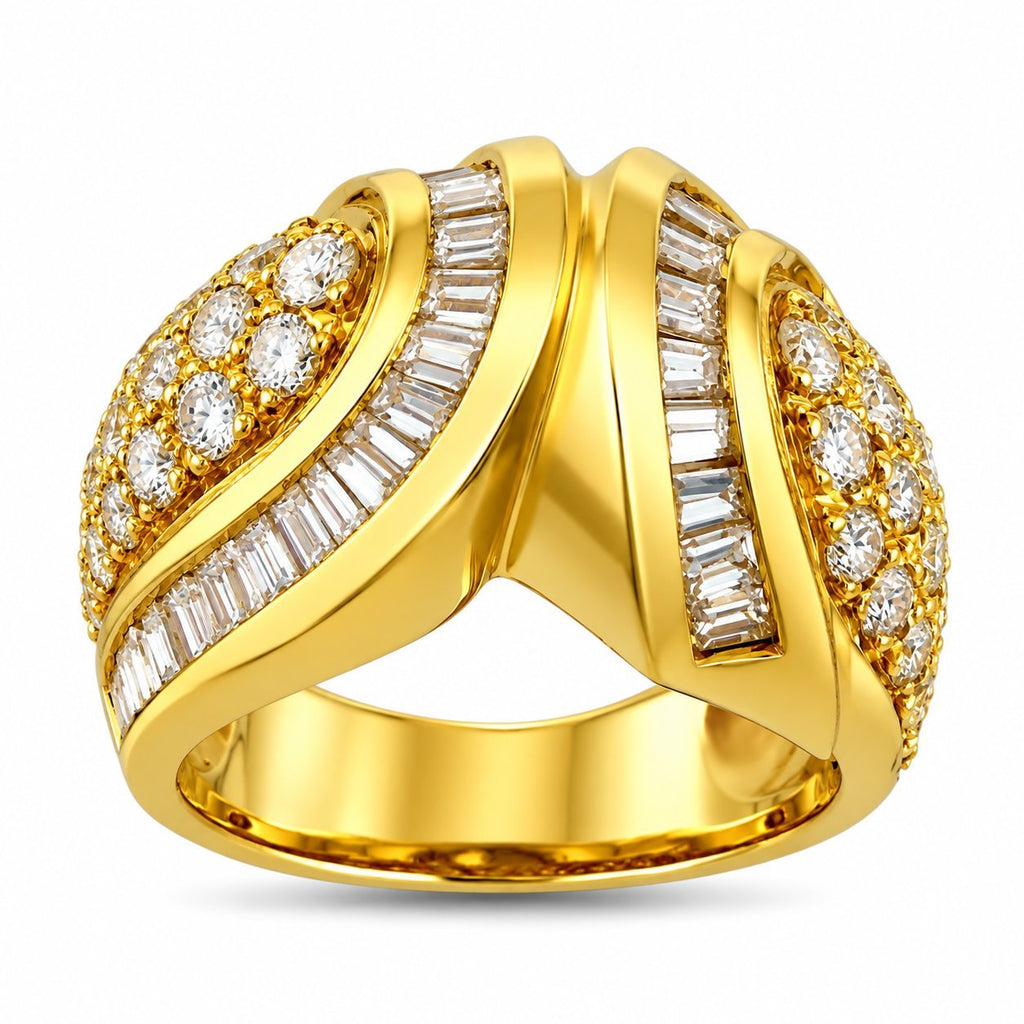 18K yellow gold diamond ring with round and baguette stone rows
