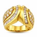 18K yellow gold diamond ring with round and baguette stone rows
