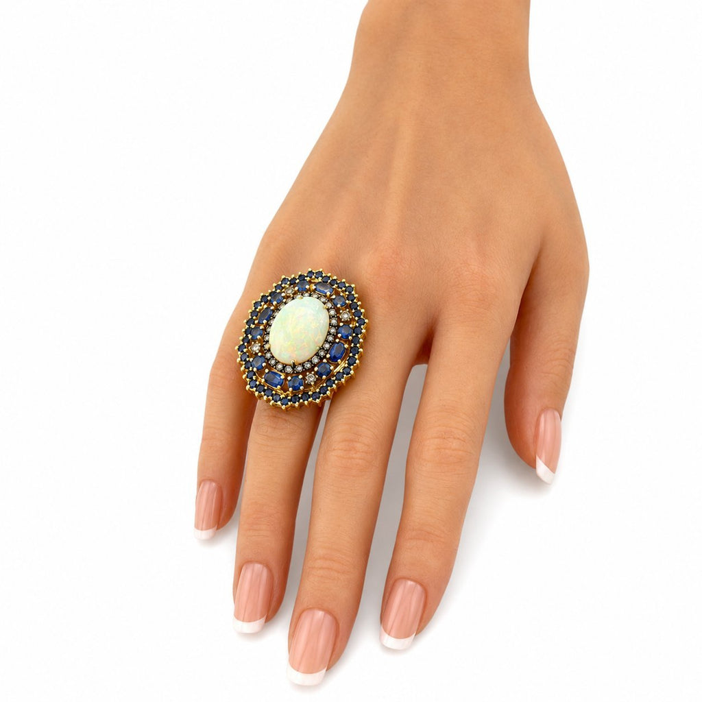 18K Yellow Gold 3.60ct Sapphire 0.91ct Diamond and 5.00ct Opal Cocktail Ring