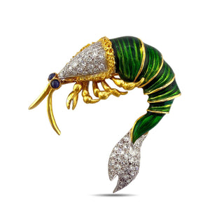18K Yellow Gold Green Enamel 1.30ct Diamond & Sapphire Krill Brooch