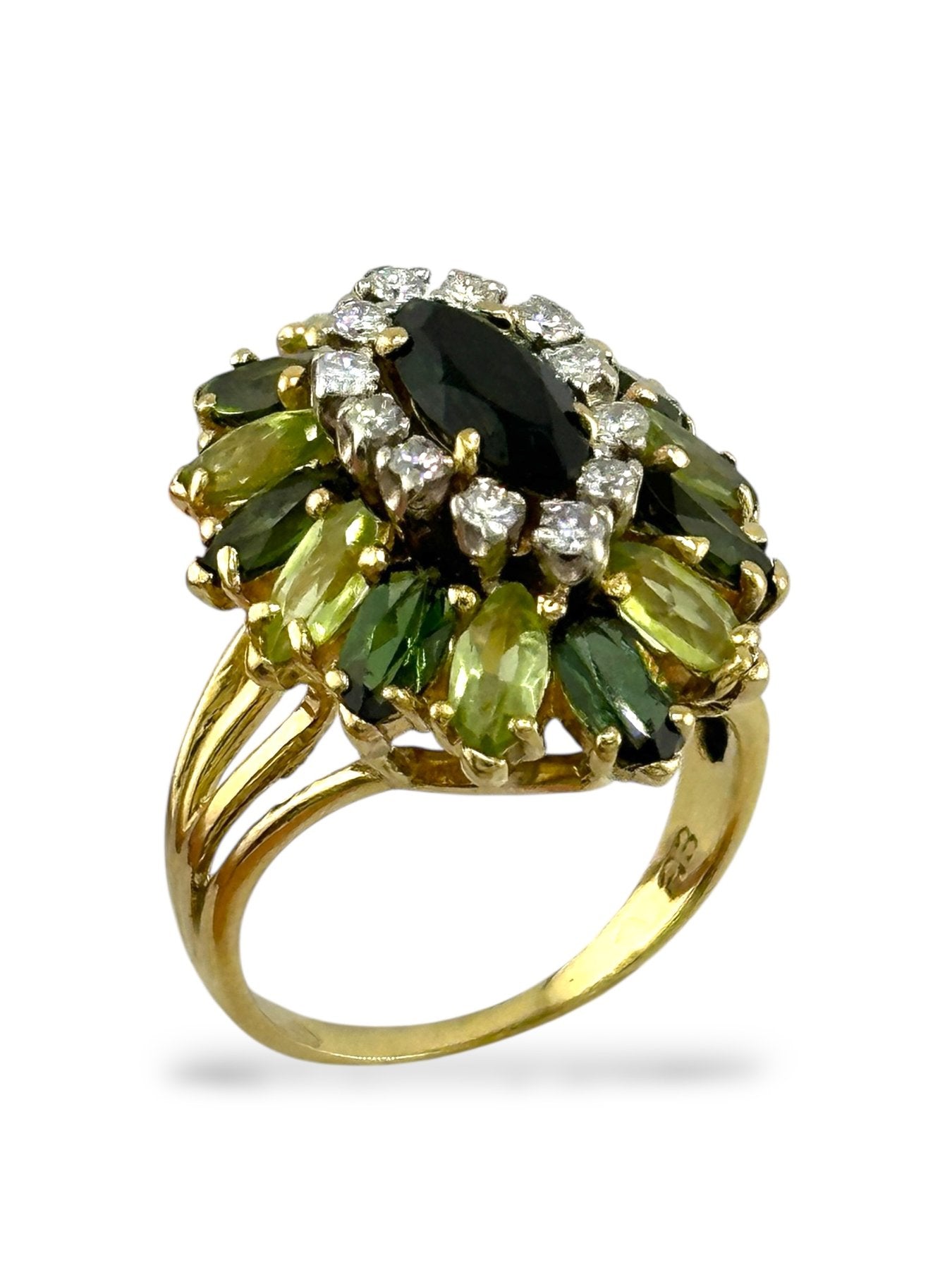18K Yellow Gold Diamond, Tourmaline & Peridot Cluster Ring