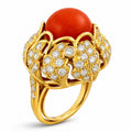 14K yellow gold ring with red coral dome and diamond pavé cluster
