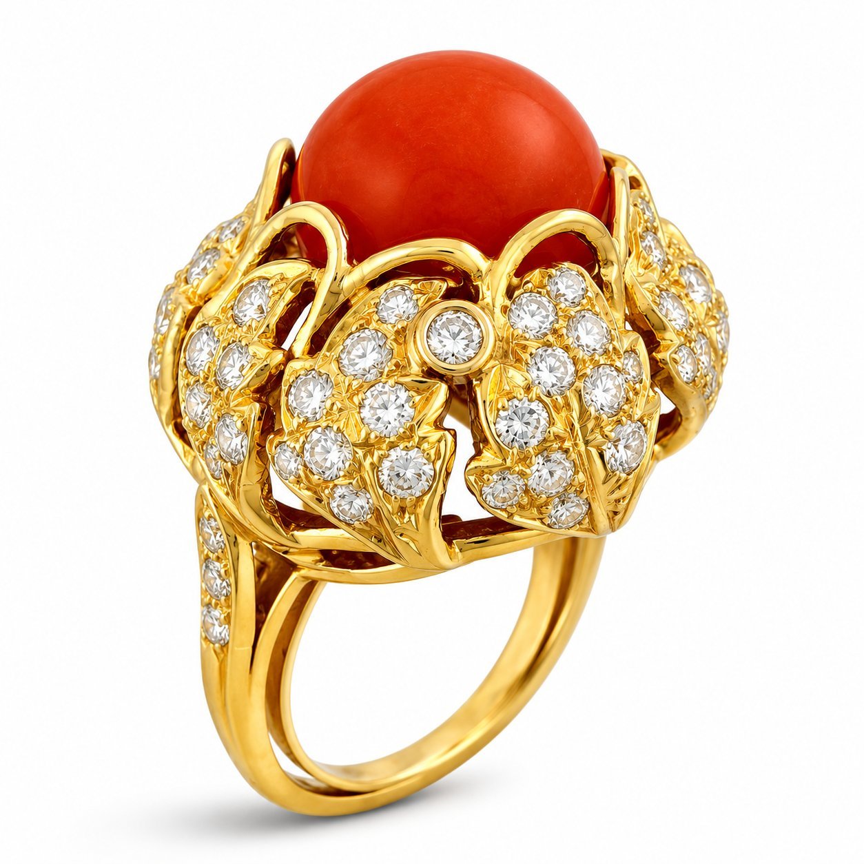 14K Yellow Gold Large Coral and 1.5ct Diamond Ring