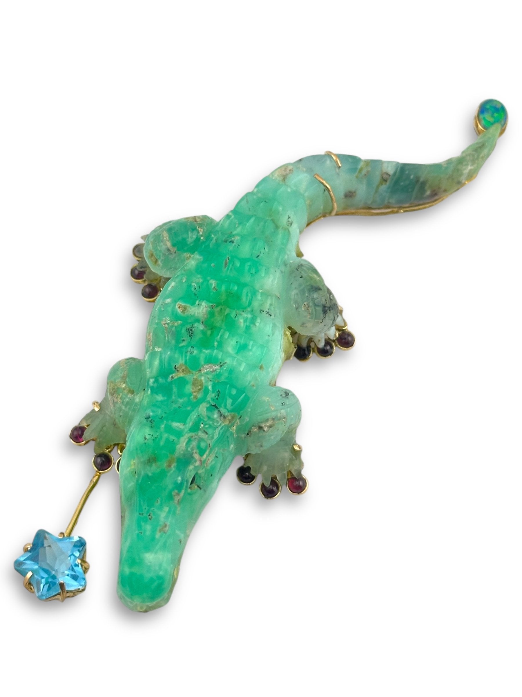 14K Yellow Gold and Jade Crocodile Brooch with Opal Rubies and Blue Topaz