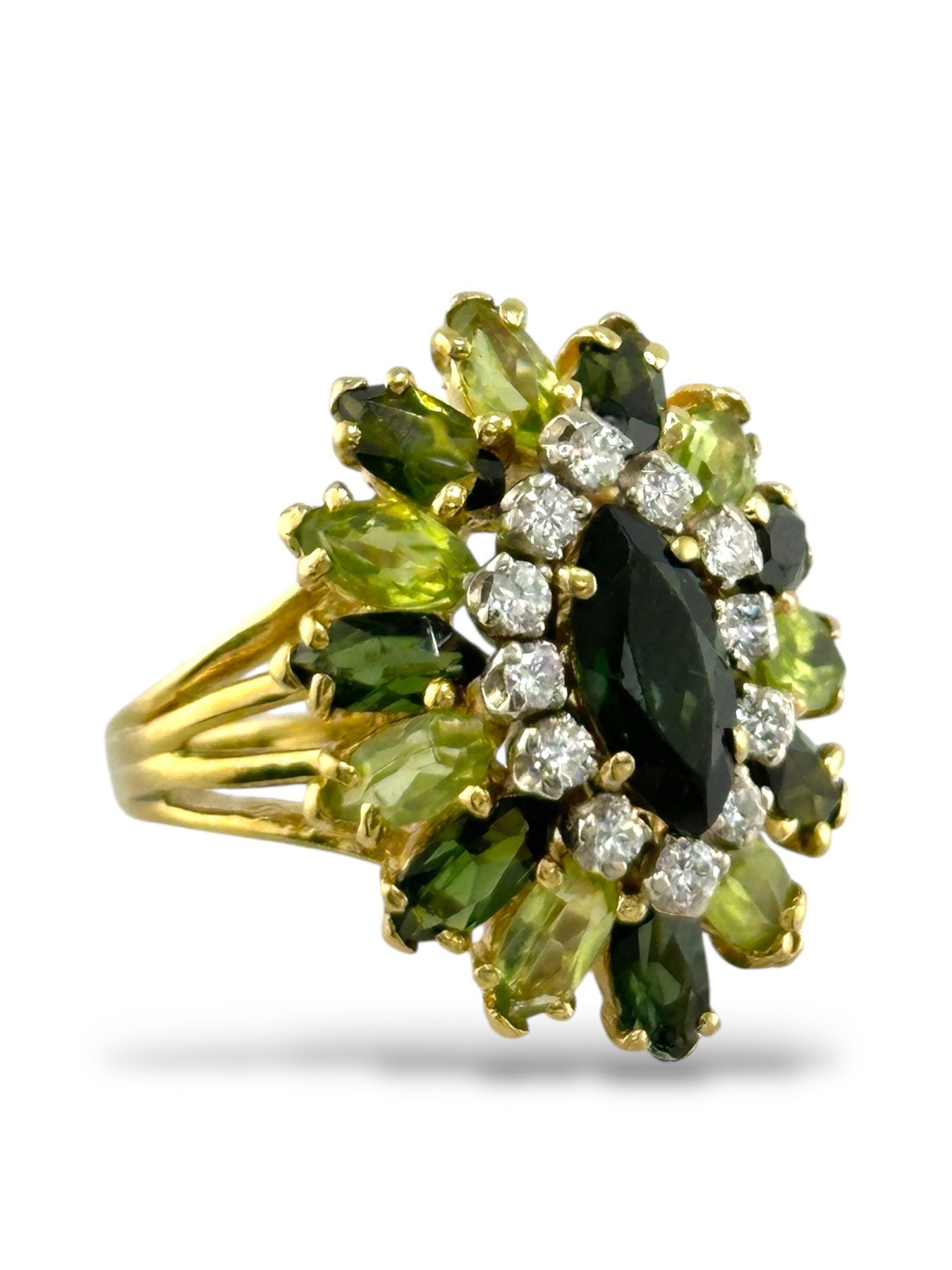 18K Yellow Gold Diamond, Tourmaline & Peridot Cluster Ring