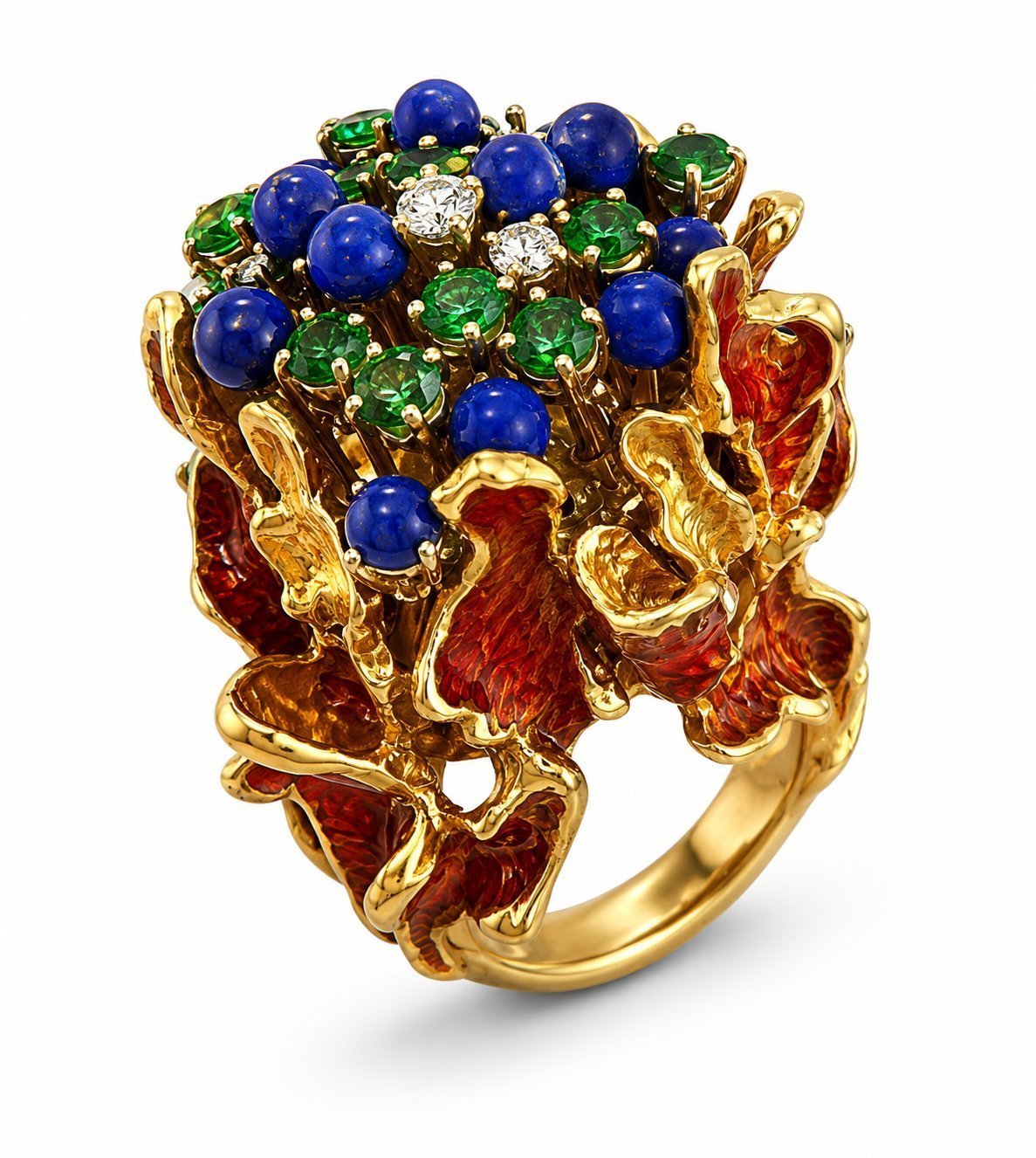 18K Yellow Gold Diamond Emerald Sapphire and Red Enamel Statement Ring