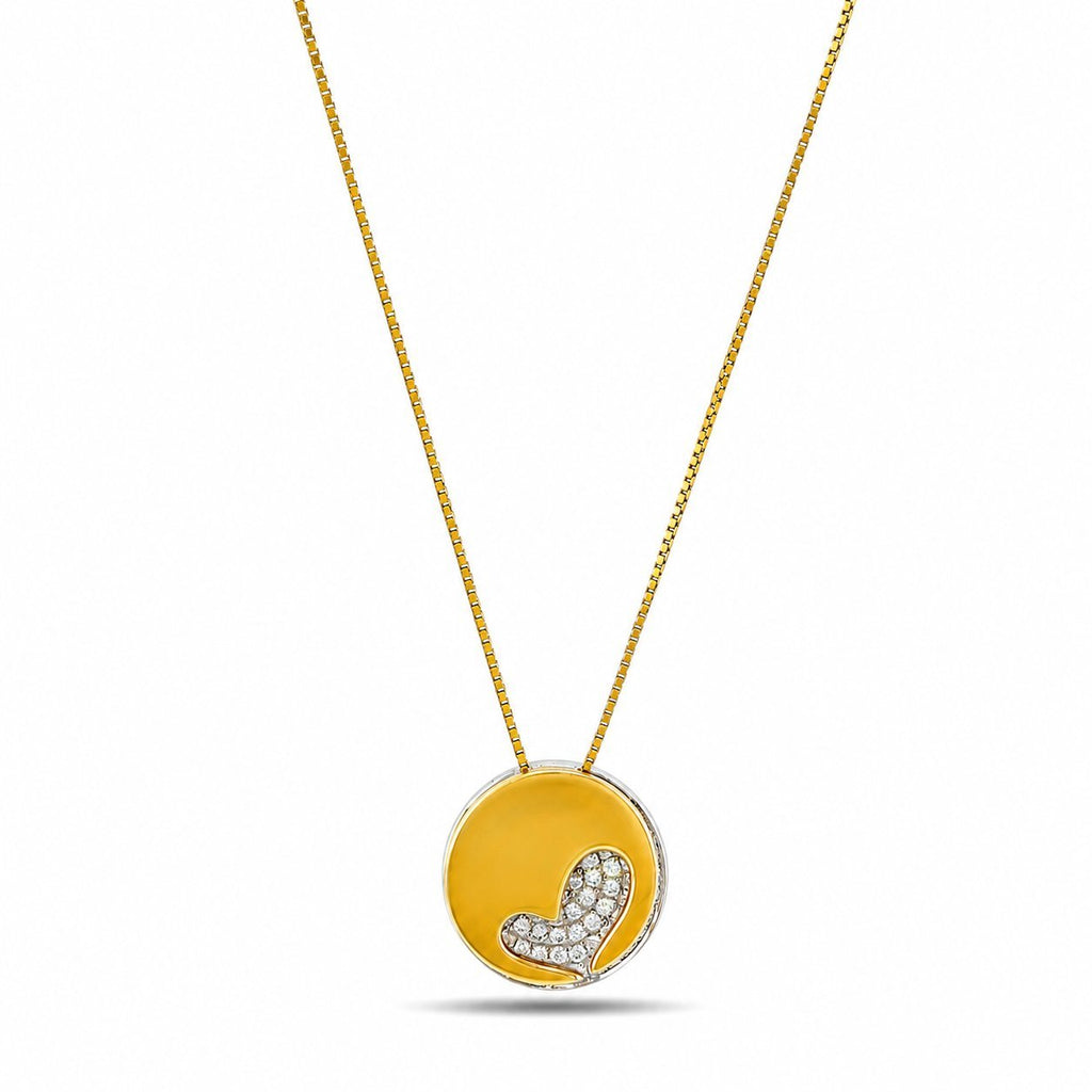 Two-tone gold heart pendant necklace with diamond accents and matching chain.