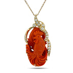 14K Yellow Gold Large Carved Coral and 1.15ct Diamond Rooster Pendant