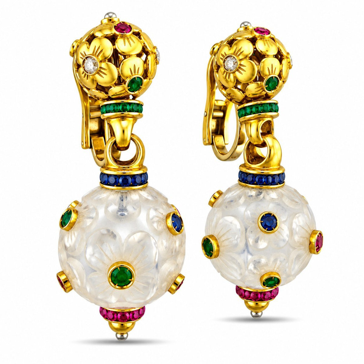 Gold drop earrings, side view, with white bead and green blue pink stones