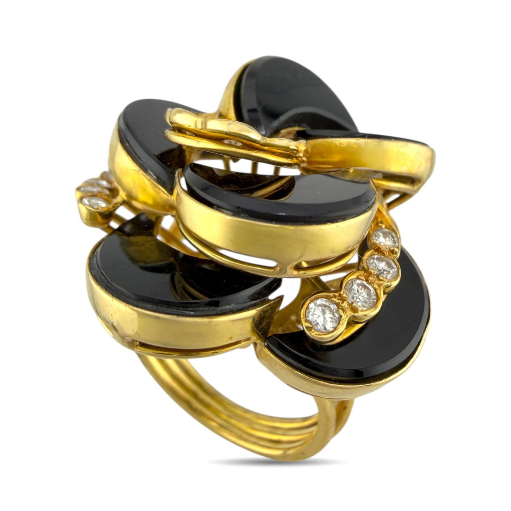 18K Yellow Gold Onyx and 0.67ct Diamond Twisting Cocktail Ring