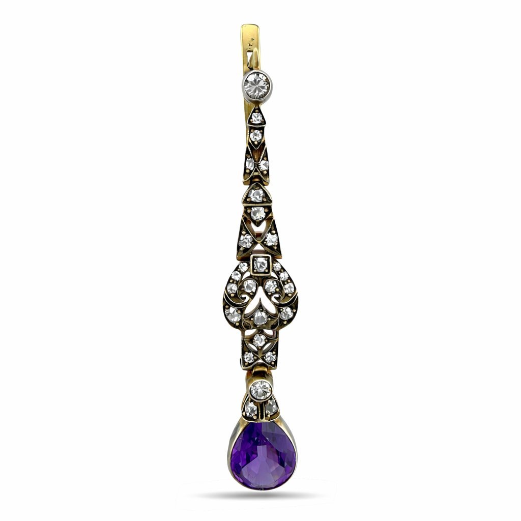 Imperial Russian 14K Yellow Gold Amethyst and 2ct Diamond Drop Earrings