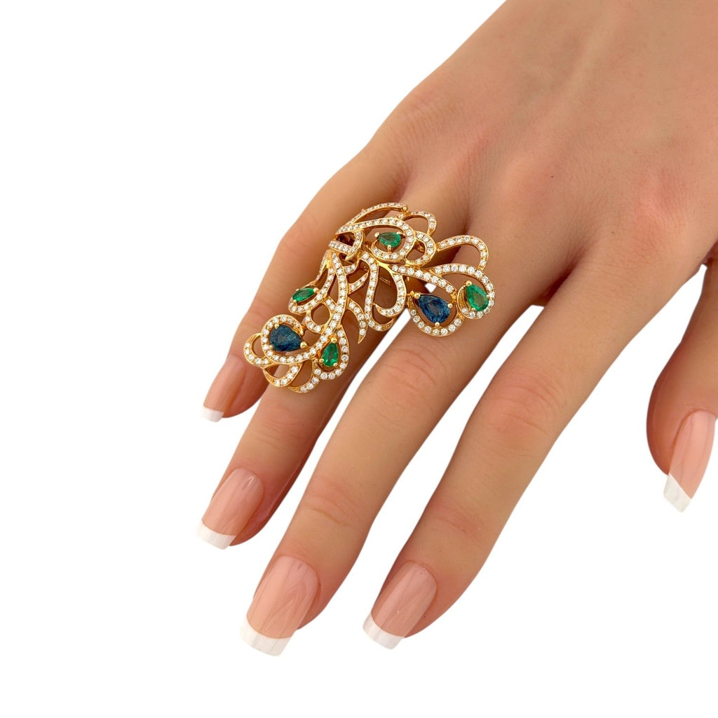 18K Rose Gold 1.92ct Diamond, Emerald and Blue Sapphire Branch Ring