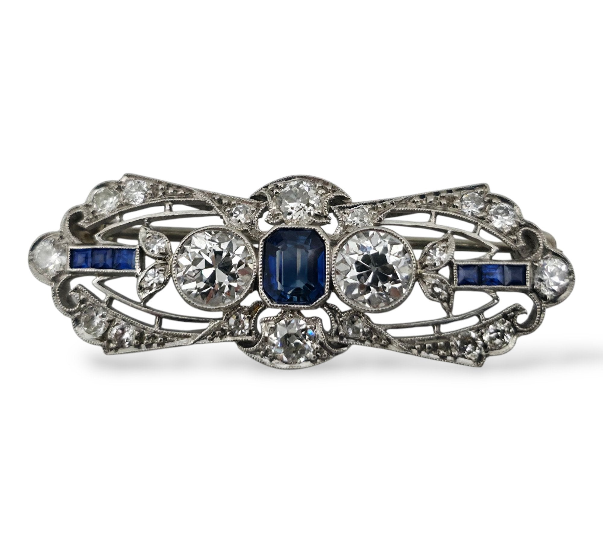 Brooch Platinum, Art Deco Platinum  1.50Ct Diamonds and Sapphire Brooch  Diamond (Natural)