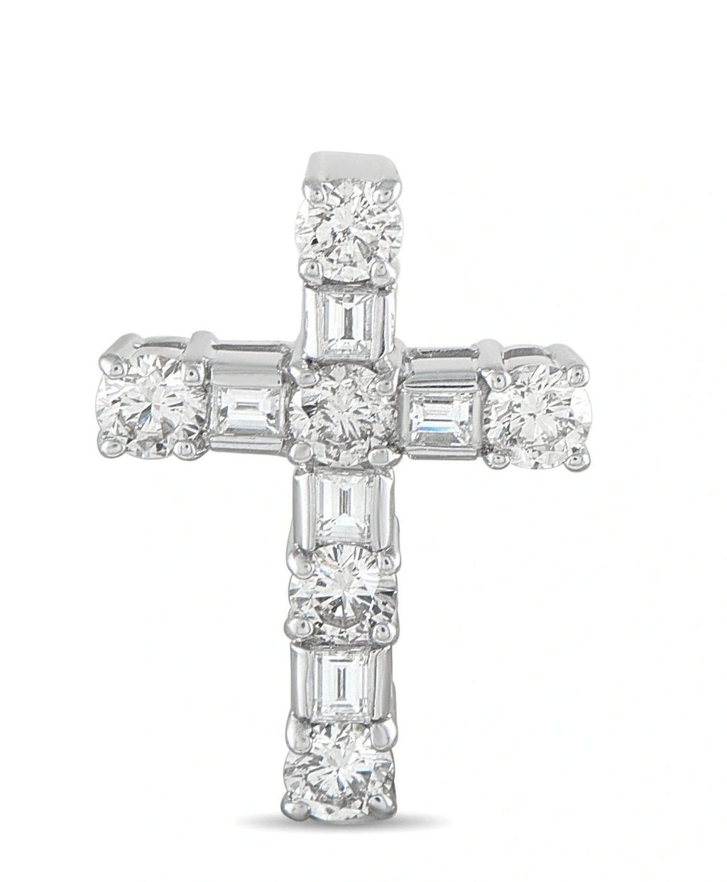 18K white gold diamond cross pendant with round and baguette-cut stones