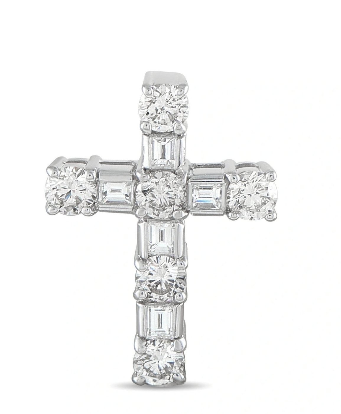 18K white gold diamond cross pendant with round and baguette-cut stones