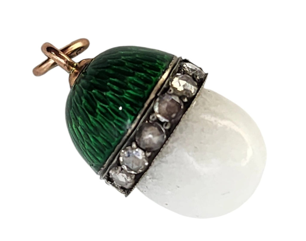 K. Faberge Imperial Russian 56k Gold Diamond and Green Enamel Egg Pendant