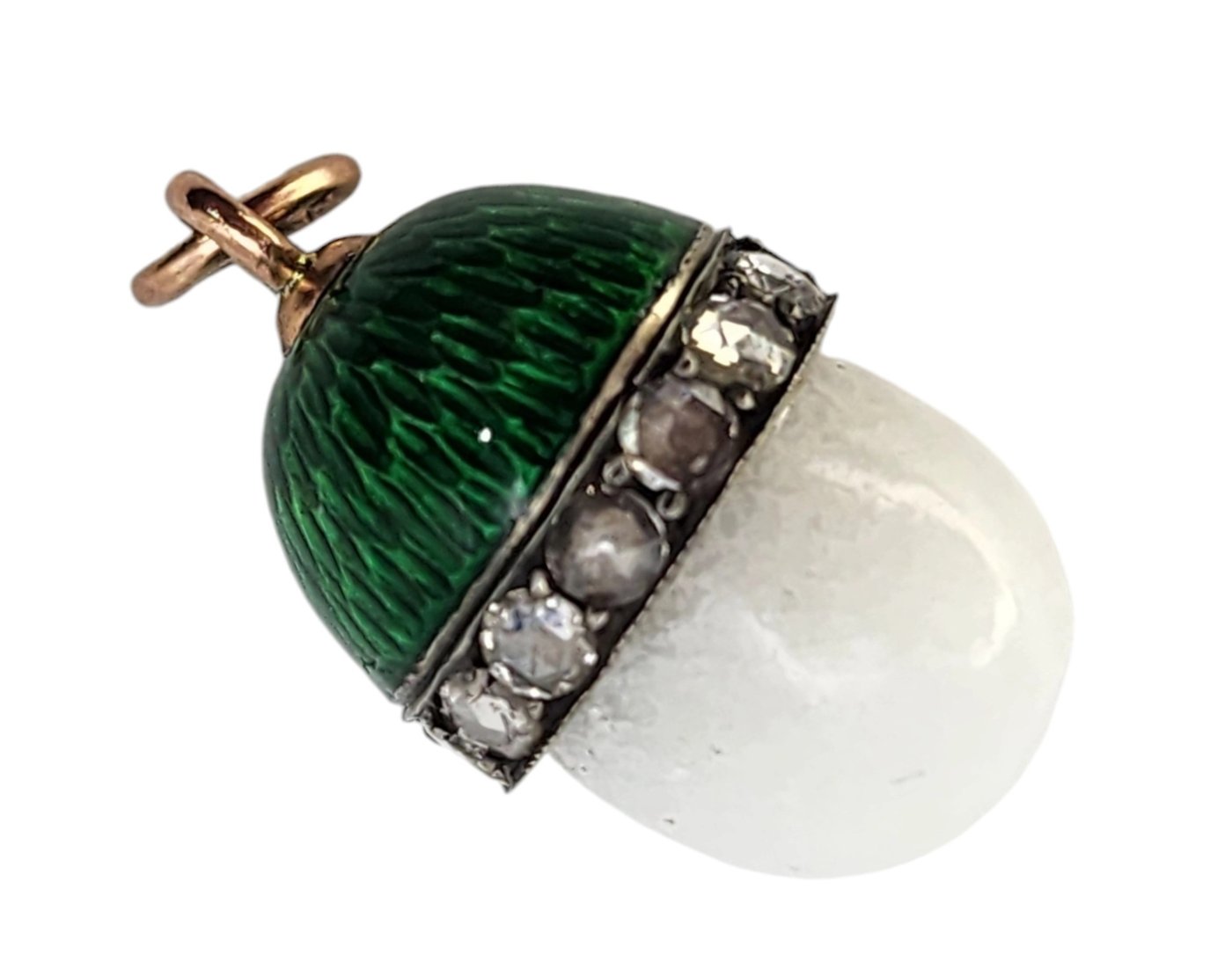 K. Faberge Imperial Russian 56k Gold Diamond and Green Enamel Egg Pendant