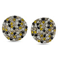 Round stud earrings in white gold with diamond halo, black stones, and yellow citrine accents