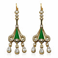 Gold-tone Art Deco earrings with green enamel drop and dangling crystal accents