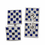 Square stud earrings with blue sapphire checkerboard, white diamond border on silver posts