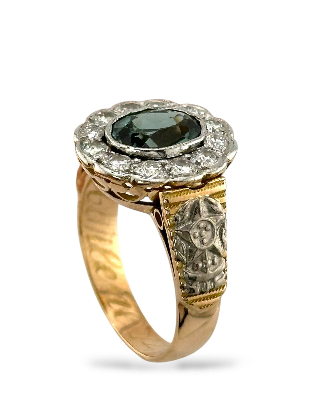 Antique 14K Rose Gold Ring with Diamonds and Green Tourmaline