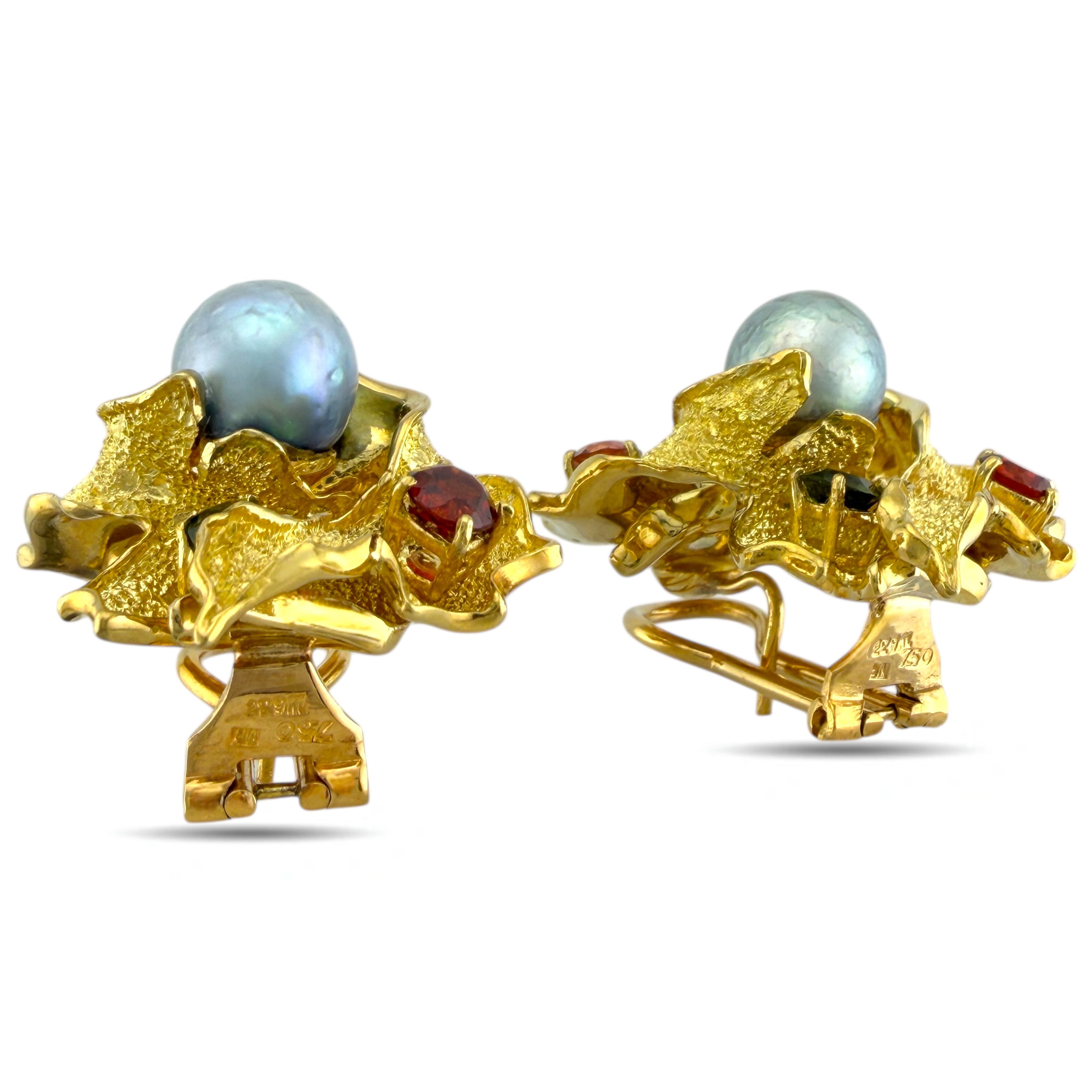 18K Yellow Gold Multi-Gemstone and Pearl Earrings