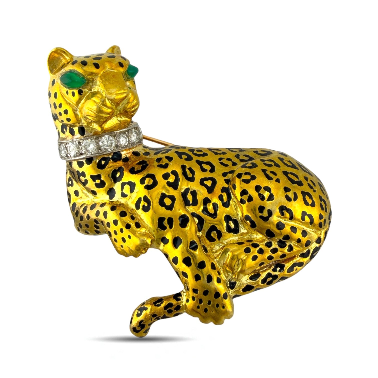Brooch - 18 kt. Yellow gold, Exclusive Vintage 18K Yellow Gold Leopard 0.54ct Diamond Collar and Emerald Eyes Brooch -  0.54ct. tw. Diamond (Natural)