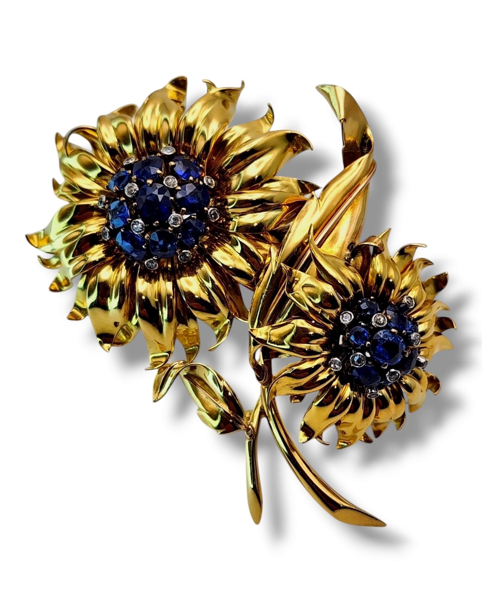 Brooch - 18 kt. 18K Gold Brooch with Diamonds and Large Sapphires, Yellow gold Diamond (Natural)