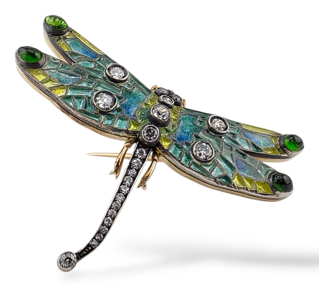 Imperial Russian Period 56K Gold Enamel and 1.5ct Diamond Dragonfly Brooch Circa 1900