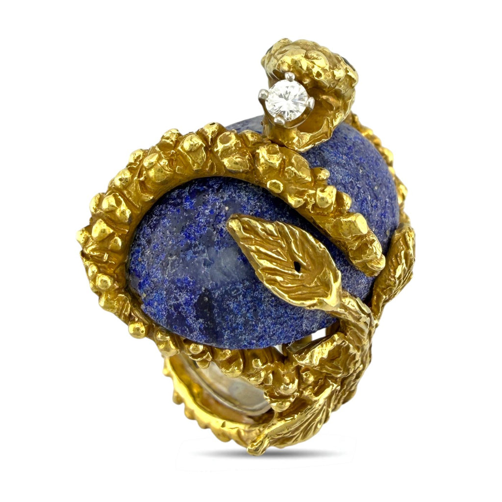 18K Yellow Gold Lapis 0.08ct Diamond and 40ct Sapphire Snake Ring