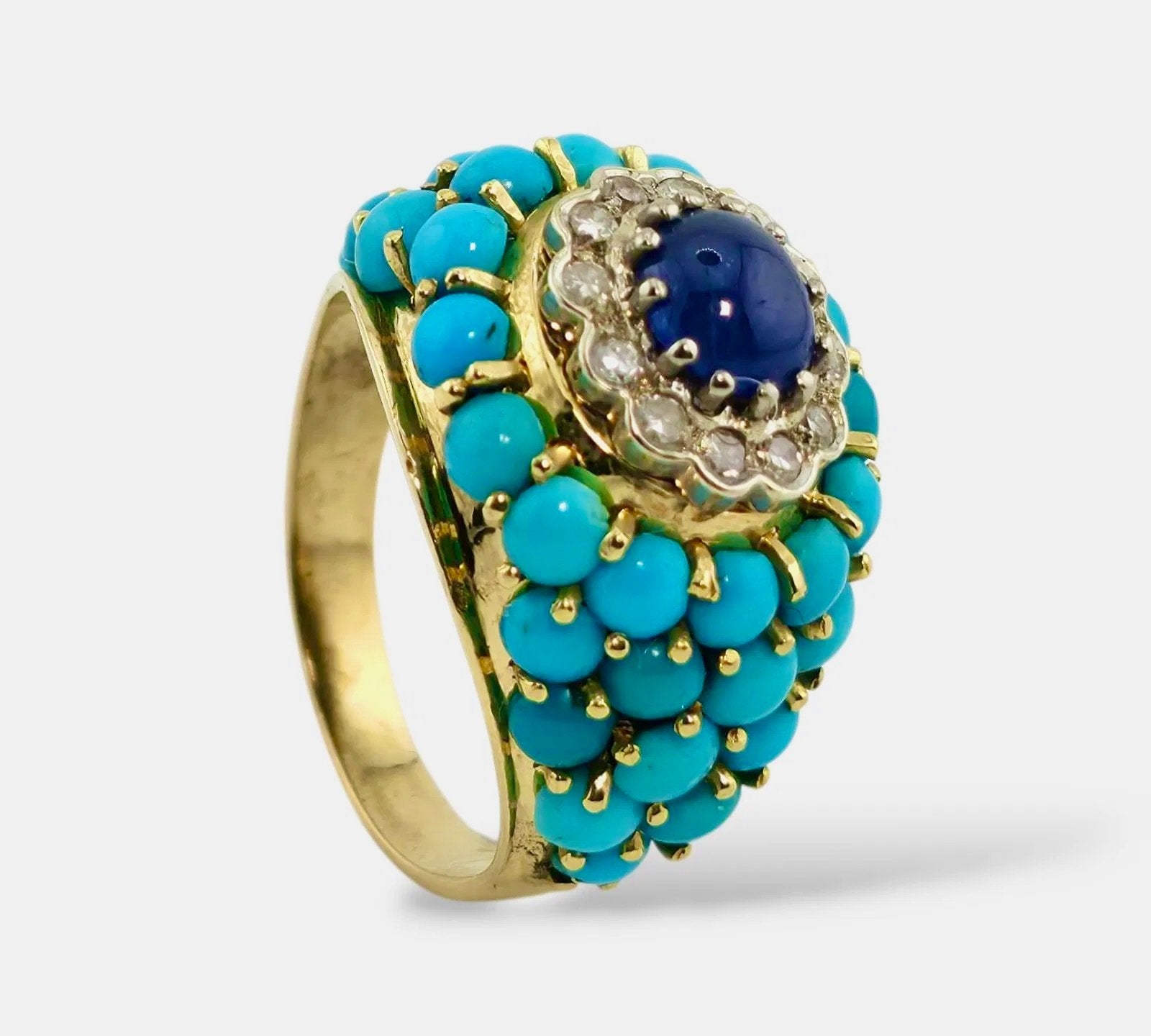 18K Gold Turquoise Diamond and Sapphire Ring