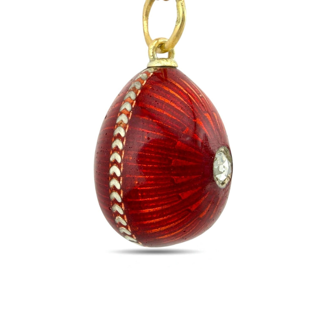 Antique Russian Faberge 56K Yellow Gold Red and White Enamel 0.2ct Diamond Egg Pendant
