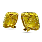 Back view of yellow gold square stud earrings with hinged clasp and diamond accents