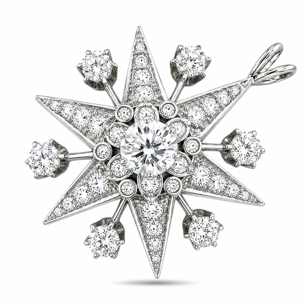 Star diamond pendant in 18K white gold with round center stone and sparkly halo