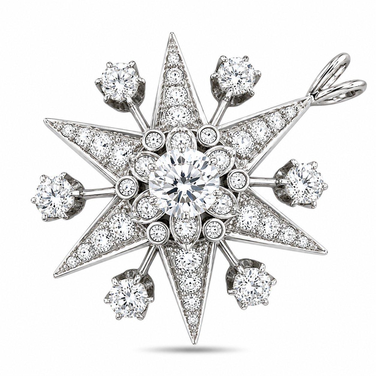 Star diamond pendant in 18K white gold with round center stone and sparkly halo
