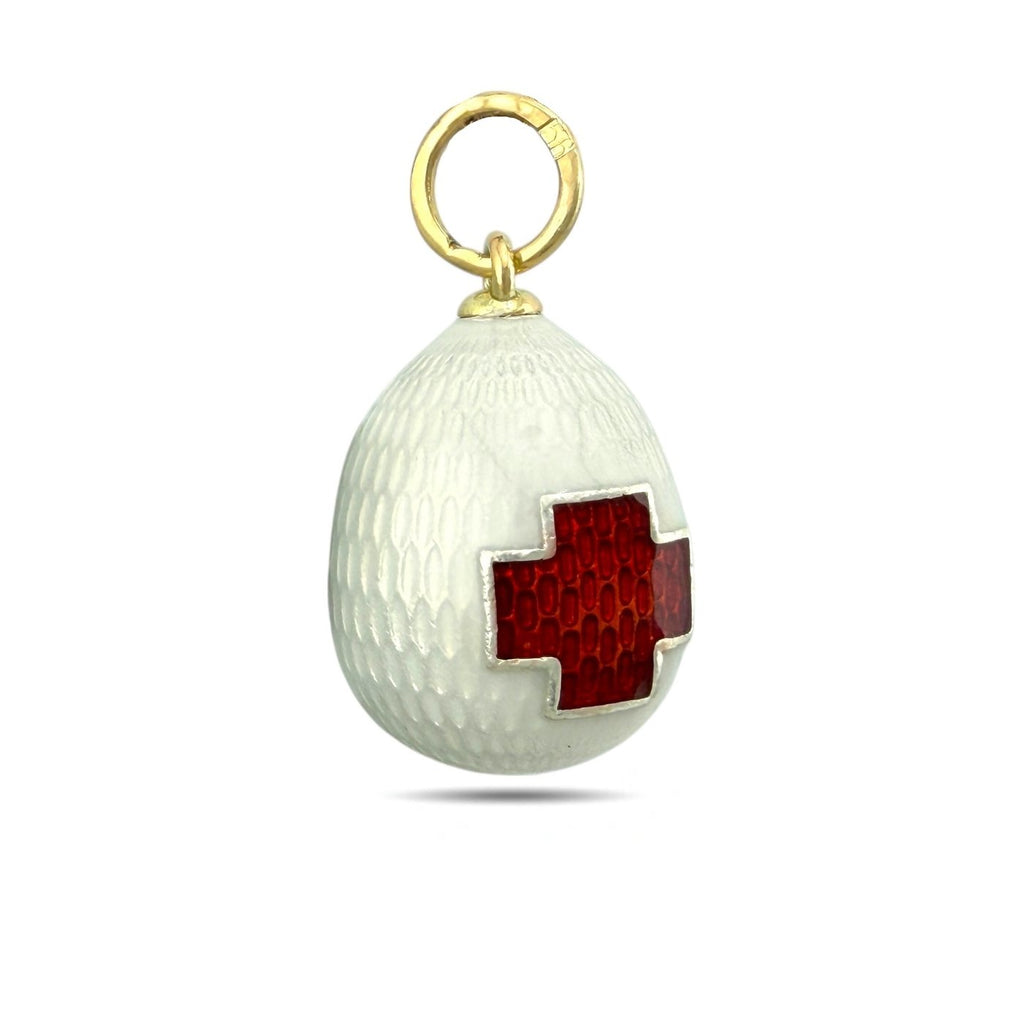 Imperial Russian 56K Yellow Gold White & Red Enamel Cross Egg Pendant