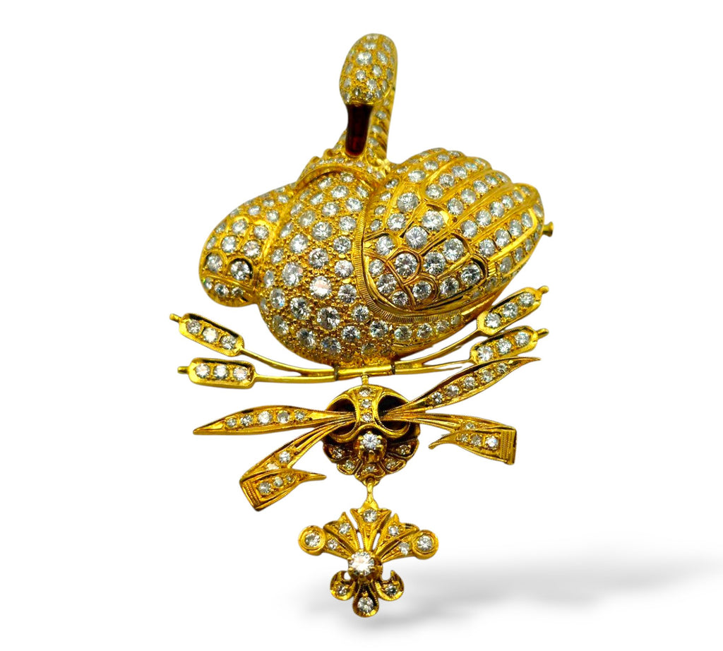 18K Yellow Gold Diamond Encrusted Swan Brooch 8ct