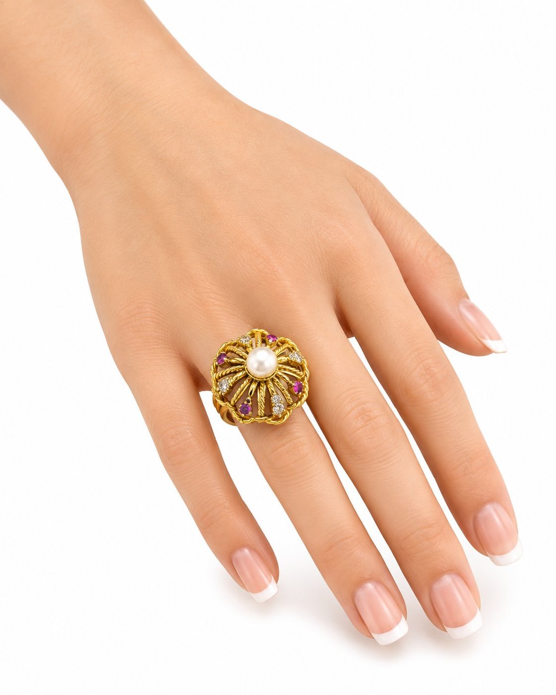 14K Yellow Gold Pearl, Ruby and Diamond Statement Dome Ring