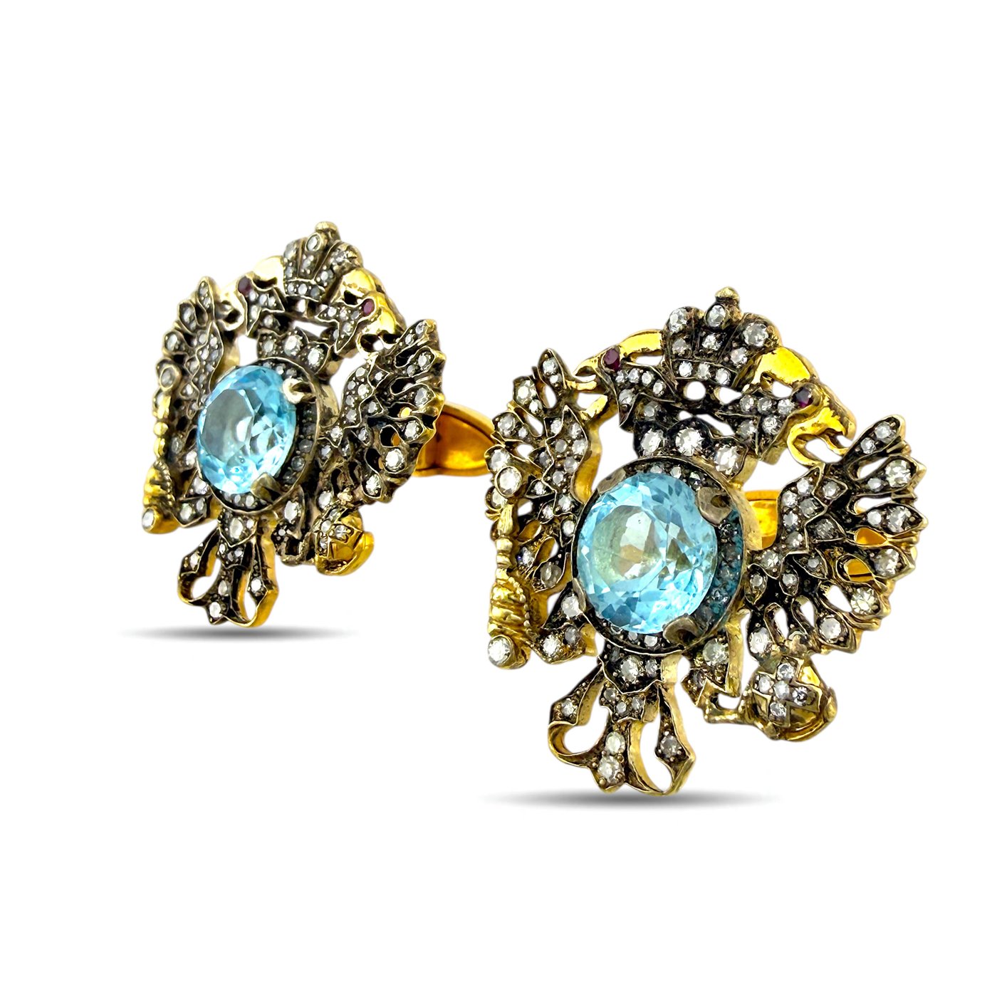 Imperial Russian Faberge 56K Yellow Gold Topaz and Diamond Coat of Arms Cufflinks