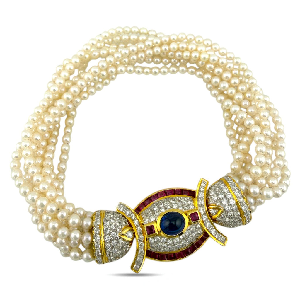 18K Yellow Gold Pearl 9.6ct Diamond, 2.4ct Rubies, and 2.5ct Cabochon Sapphire Necklace