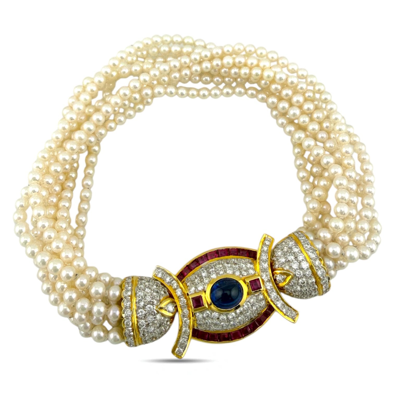 18K Yellow Gold Pearl 9.6ct Diamond, 2.4ct Rubies, and 2.5ct Cabochon Sapphire Necklace