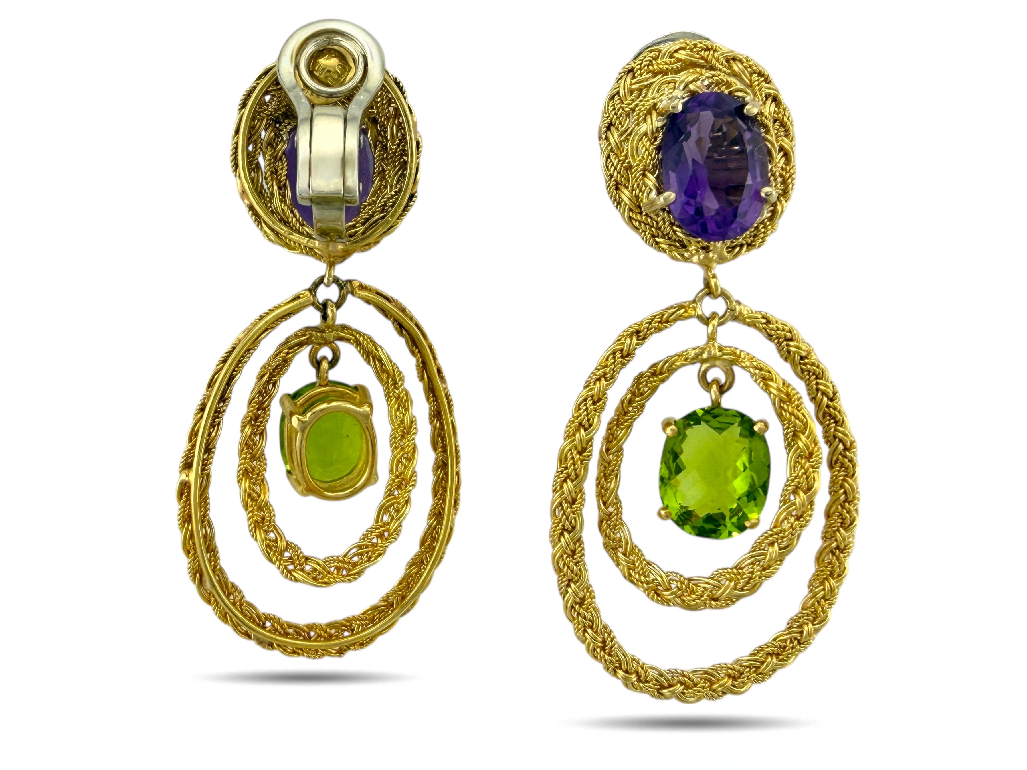 18K Yellow Gold Amethyst and Peridot Clip-On Earrings