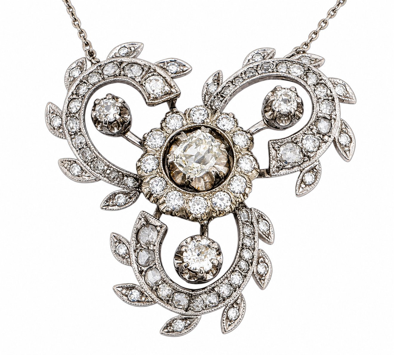 Antique 18K White Gold Celeste Rotating Diamond Halo Necklace