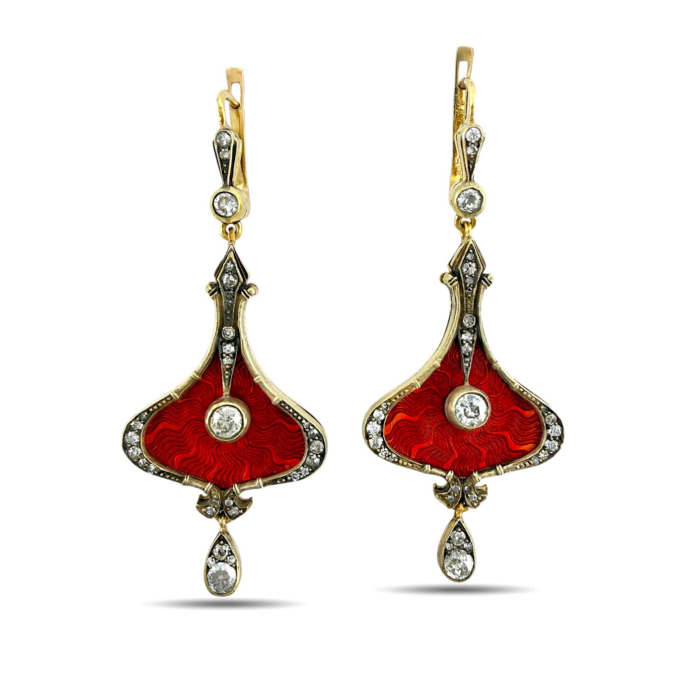 Imperial Russian 56K Yellow Gold 1.40ct Diamond and Red Enamel Earrings