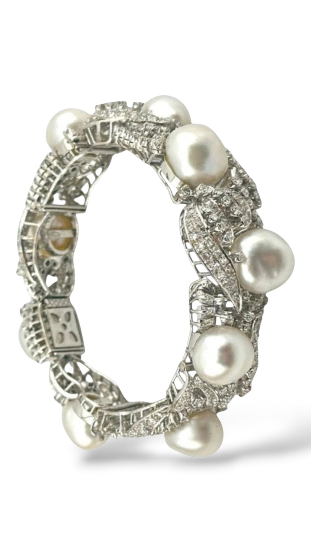 18 kt. White gold, 18K White Gold Bracelet with 4.7ct. Diamonds and Large Pearls -  4.7ct. tw. Diamond (Natural)