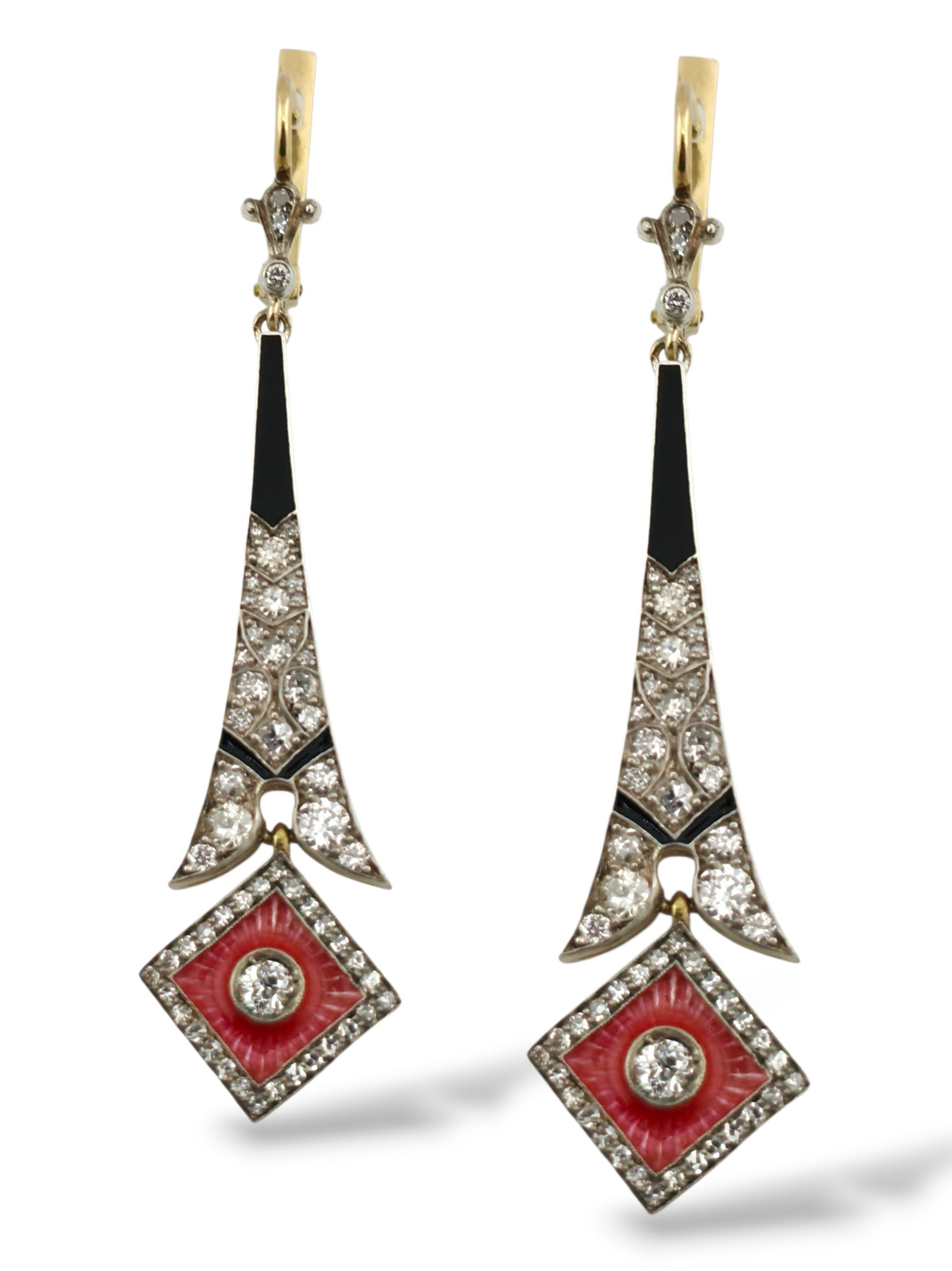 14 kt. Yellow gold, Imperial Russian 56K Gold, Enamel & 2.31 Carat Diamond Earrings, Circa 1900 -  2.31ct. tw.