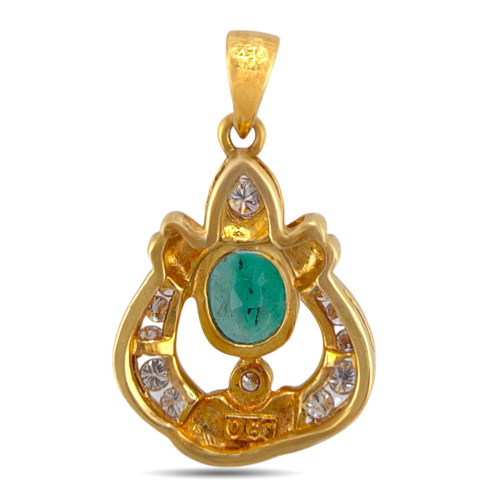 18k yellow gold pendant with round loop bail, oval green emerald, and diamond halo