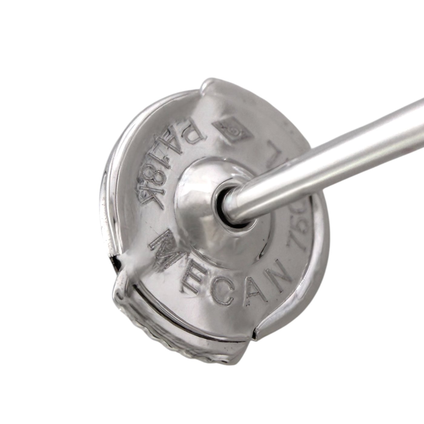 Close-up of white gold earring post and round back with diamond detailing.