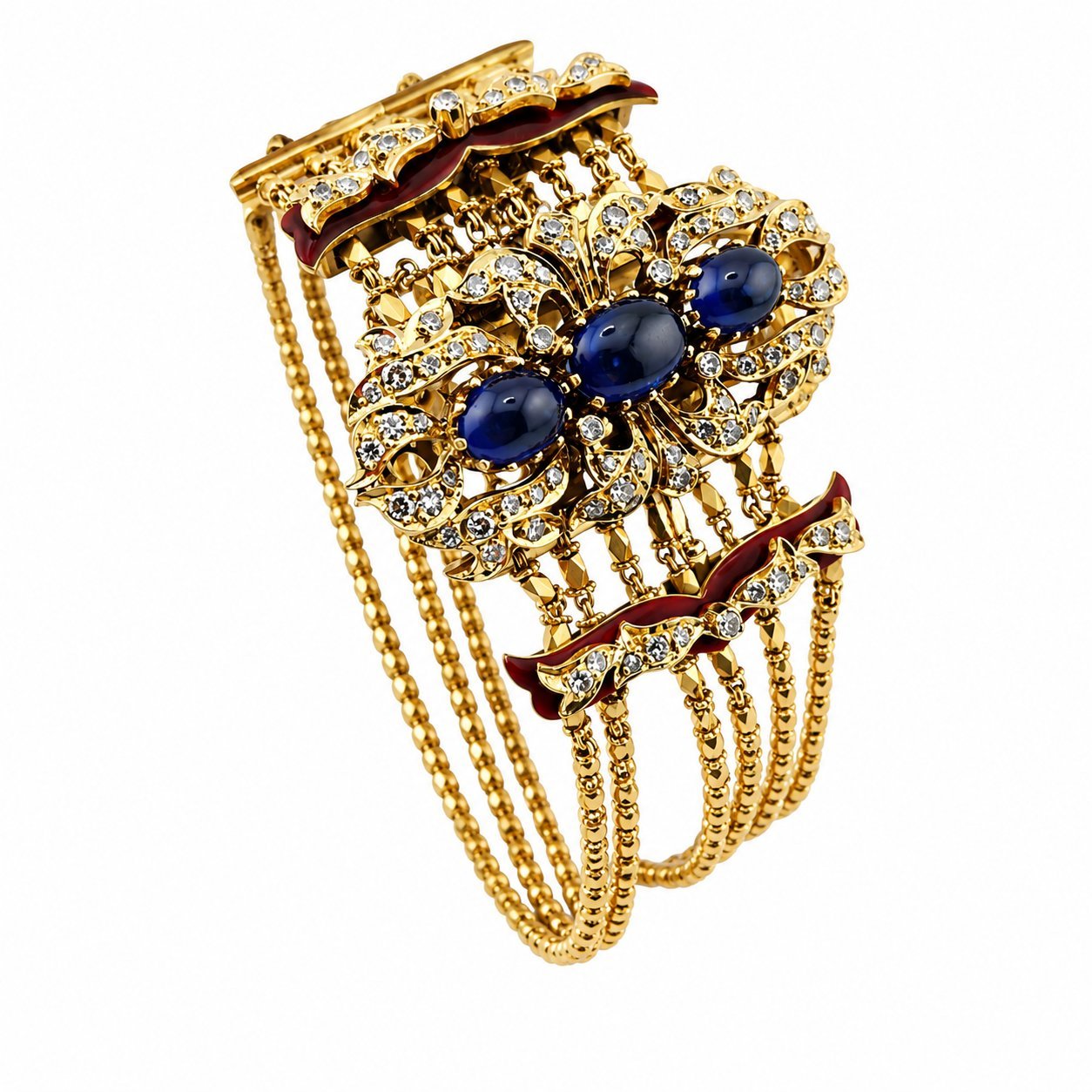 Antique 18K Yellow Gold Red Enamel 4.00ct Sapphire and 2.50ct Diamond Bracelet