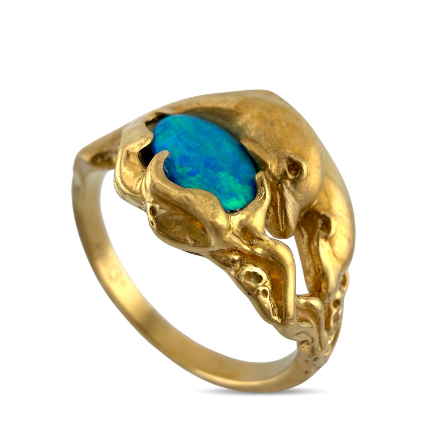 Vintage 14K Yellow Gold Dolphin Motif 0.40ct Opal Ring Opal